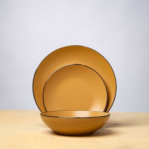 Plato Celeste Borde Dorado Ceramica 26Cm Plano Marron