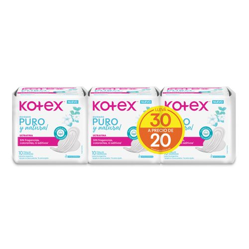 TOALLA FEMENINA KOTEX PURO Y NATURAL ULTRAFINA 3X10UN