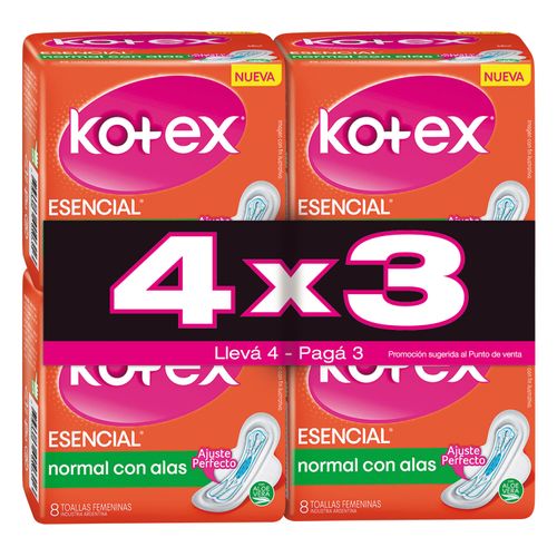 TOALLAS FEMENINAS KOTEX ESENCIAL PROMO 4X3 32UN